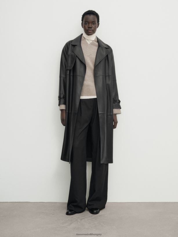 nappa bőr trench stílusú kabát övvel fekete nők NXX8V8281 Massimo Dutti