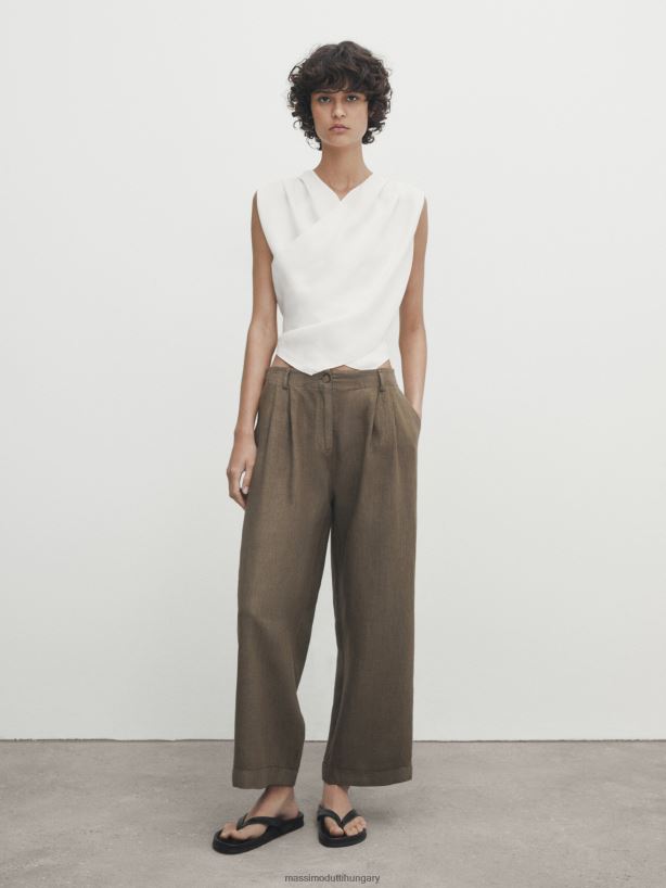 100% vászon nyiladékos nadrág felhajtható szegéllyel khaki nők NXX8V8316 Massimo Dutti