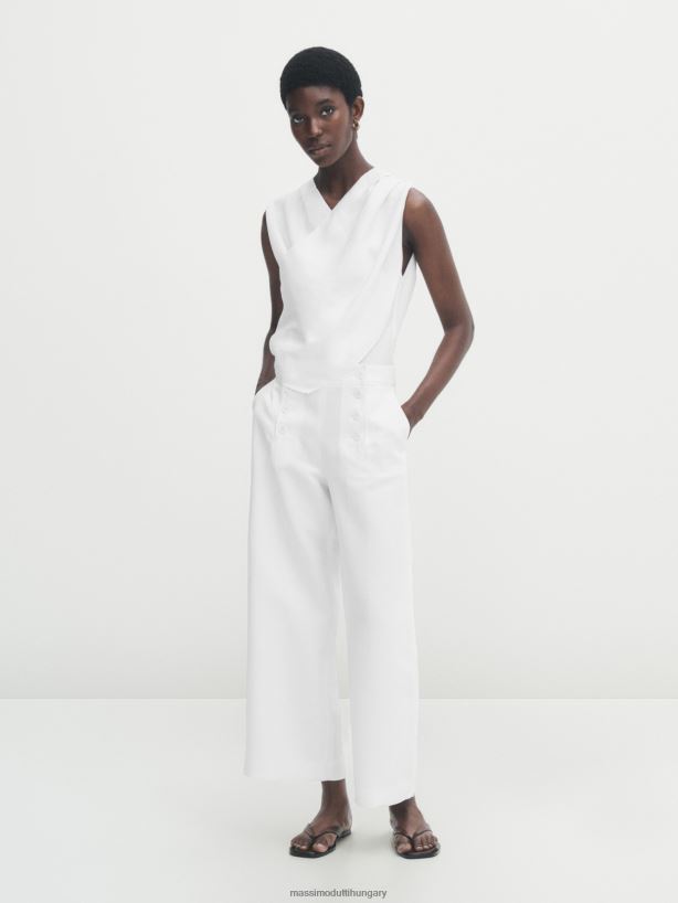 Pamut és len keverék széles szárú, gombos nadrág fehér nők NXX8V8323 Massimo Dutti
