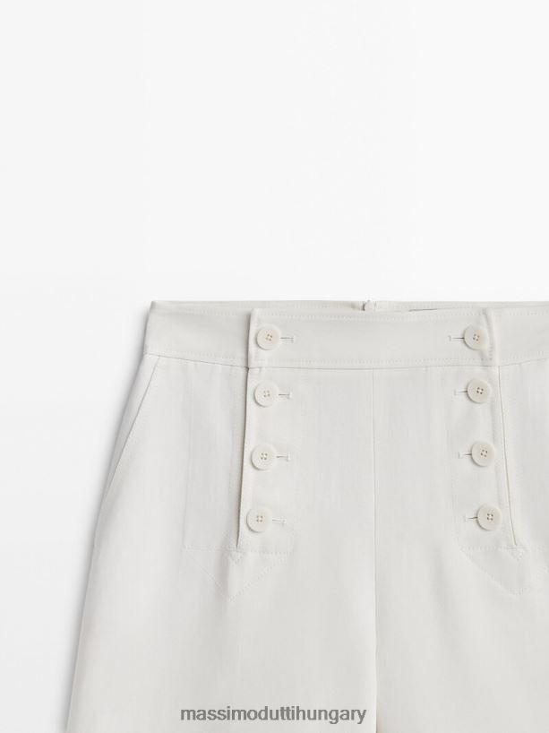 Pamut és len keverék széles szárú, gombos nadrág fehér nők NXX8V8323 Massimo Dutti