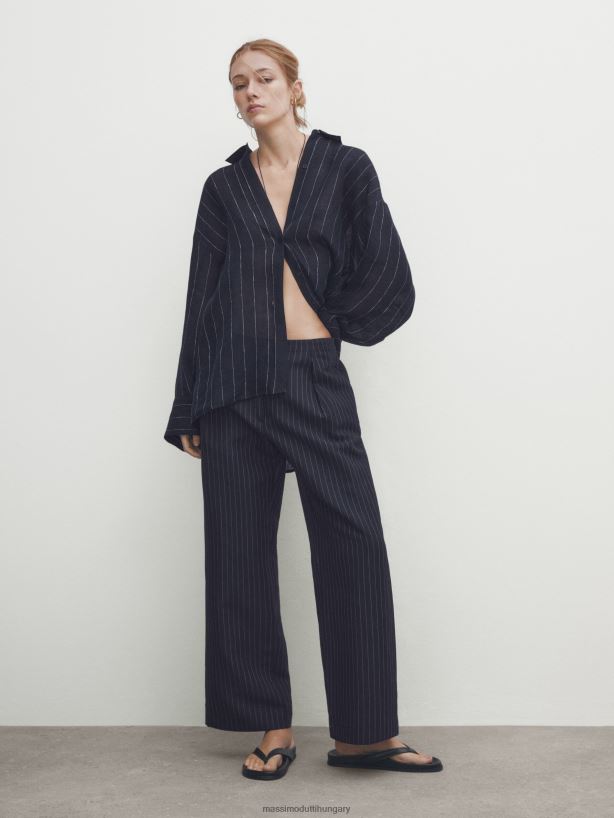 csíkos nadrág gumírozott derékpánttal és darts sötétkék nők NXX8V8314 Massimo Dutti