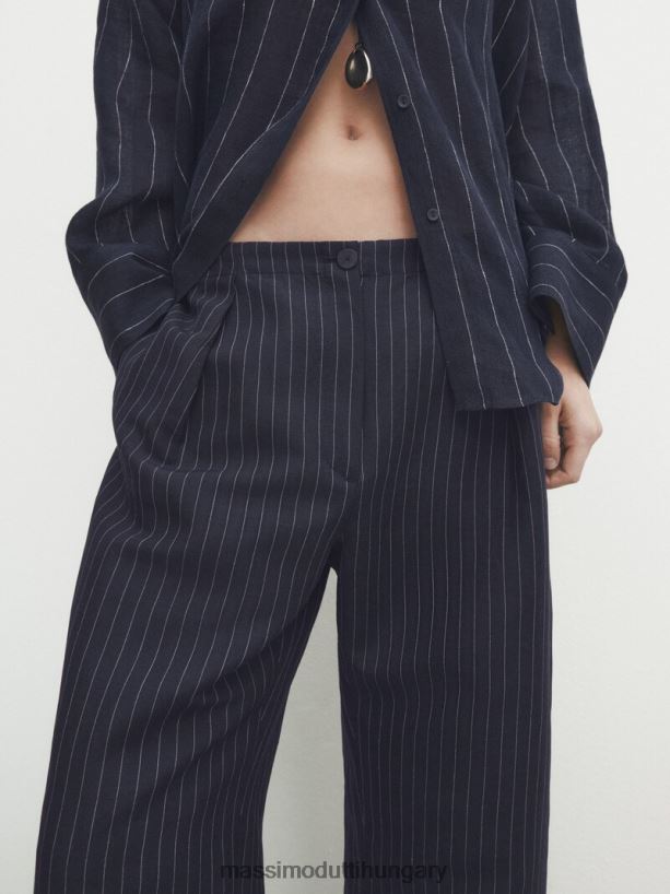 csíkos nadrág gumírozott derékpánttal és darts sötétkék nők NXX8V8314 Massimo Dutti