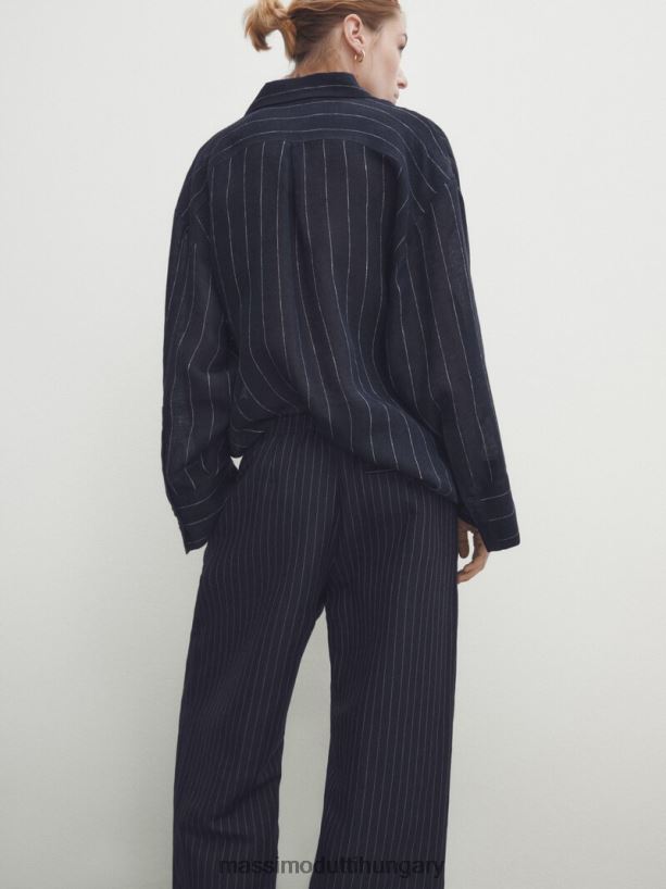 csíkos nadrág gumírozott derékpánttal és darts sötétkék nők NXX8V8314 Massimo Dutti