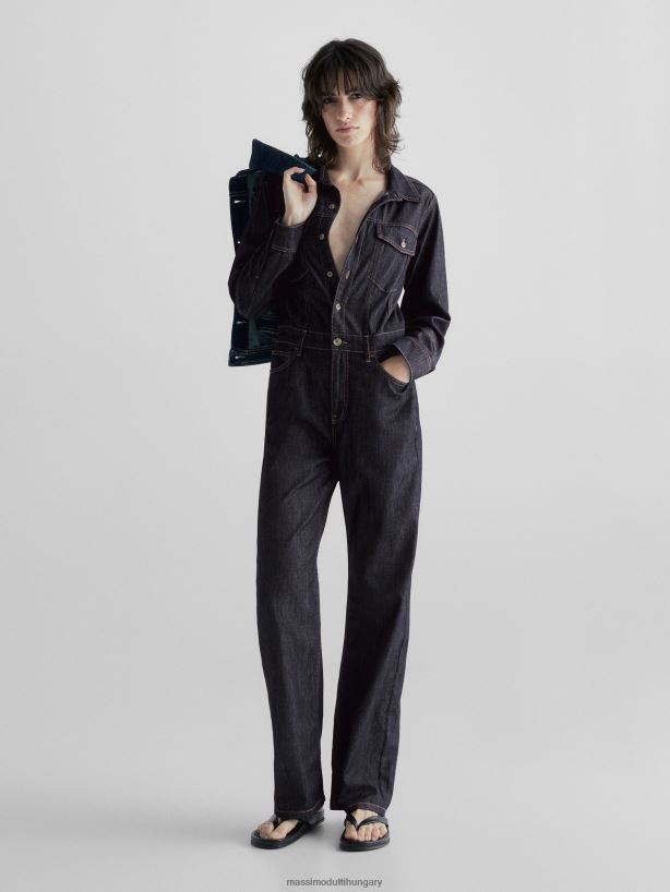 egyenes öblítésű, mosható farmer kombiné varrással sötétkék nők NXX8V857 Massimo Dutti