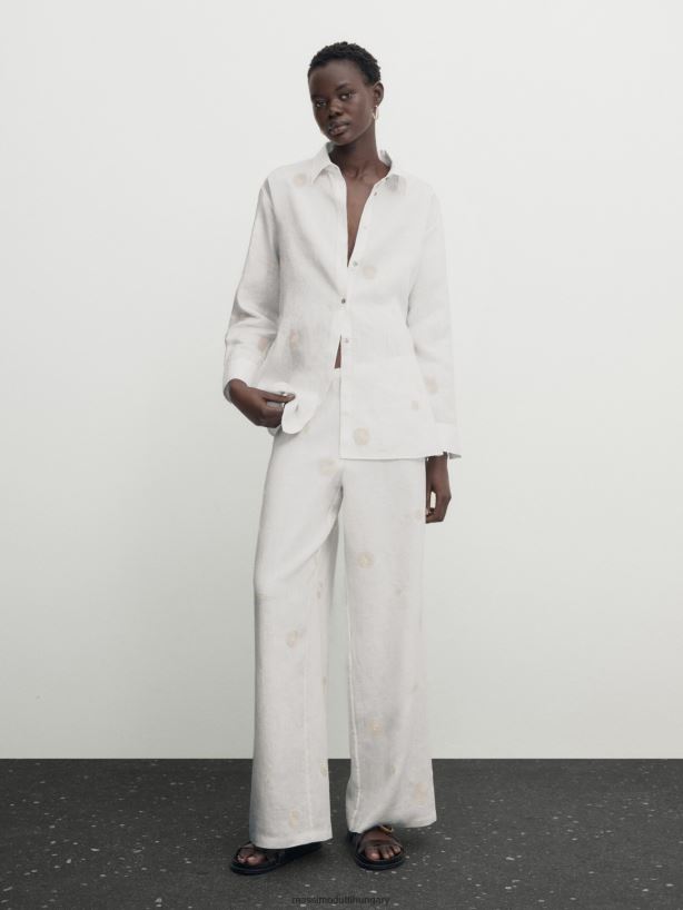 egyenes nadrág hímzett részlettel krém nők NXX8V8307 Massimo Dutti