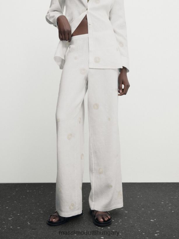 egyenes nadrág hímzett részlettel krém nők NXX8V8307 Massimo Dutti