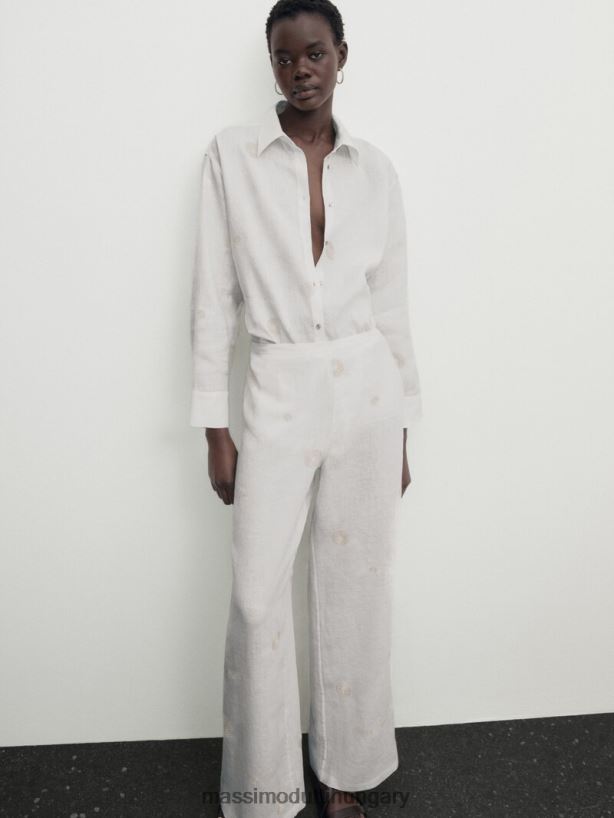 egyenes nadrág hímzett részlettel krém nők NXX8V8307 Massimo Dutti