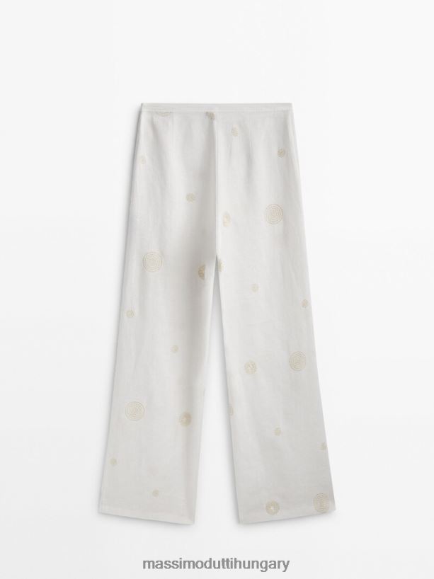 egyenes nadrág hímzett részlettel krém nők NXX8V8307 Massimo Dutti