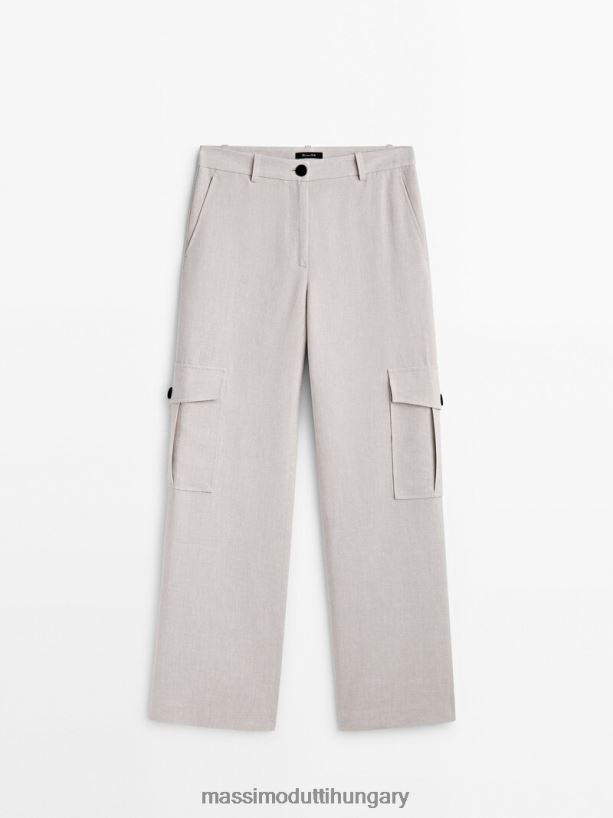 egyenes szabású lenkeverék cargo nadrág homok nők NXX8V8337 Massimo Dutti