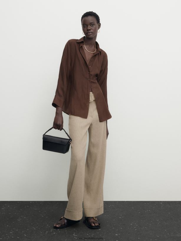 egyenes szabású öves nadrág felhajtható szegéllyel homok nők NXX8V8310 Massimo Dutti