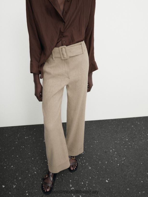egyenes szabású öves nadrág felhajtható szegéllyel homok nők NXX8V8310 Massimo Dutti