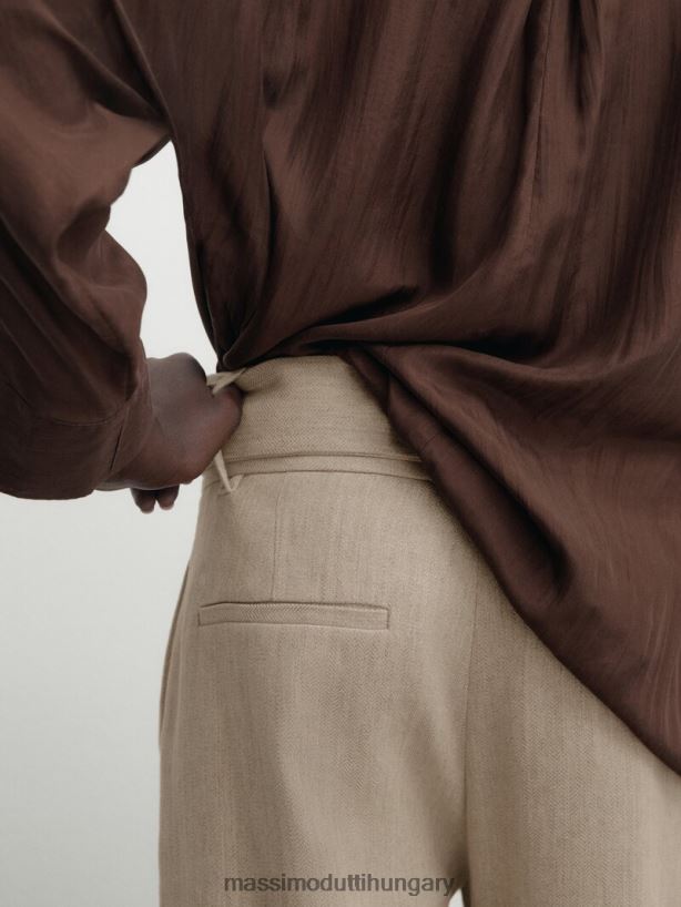 egyenes szabású öves nadrág felhajtható szegéllyel homok nők NXX8V8310 Massimo Dutti