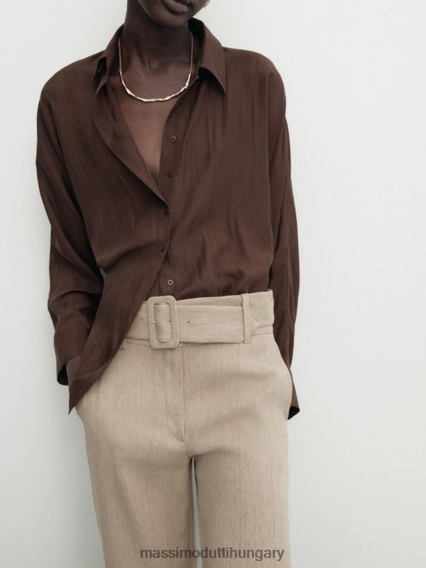 egyenes szabású öves nadrág felhajtható szegéllyel homok nők NXX8V8310 Massimo Dutti