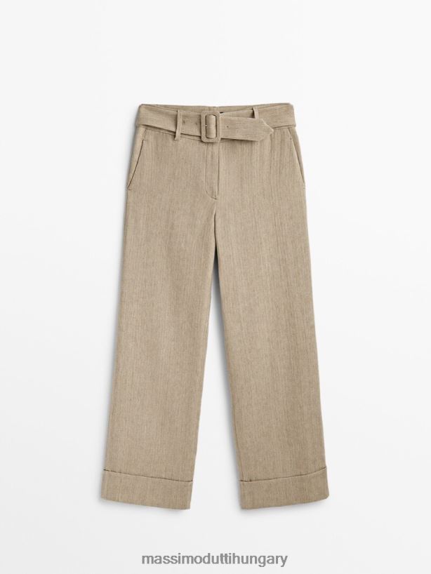 egyenes szabású öves nadrág felhajtható szegéllyel homok nők NXX8V8310 Massimo Dutti