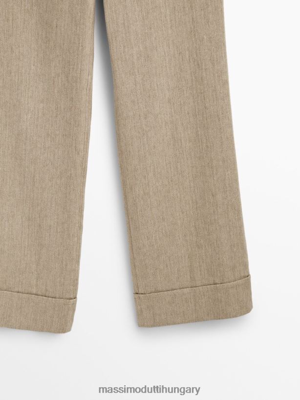 egyenes szabású öves nadrág felhajtható szegéllyel homok nők NXX8V8310 Massimo Dutti