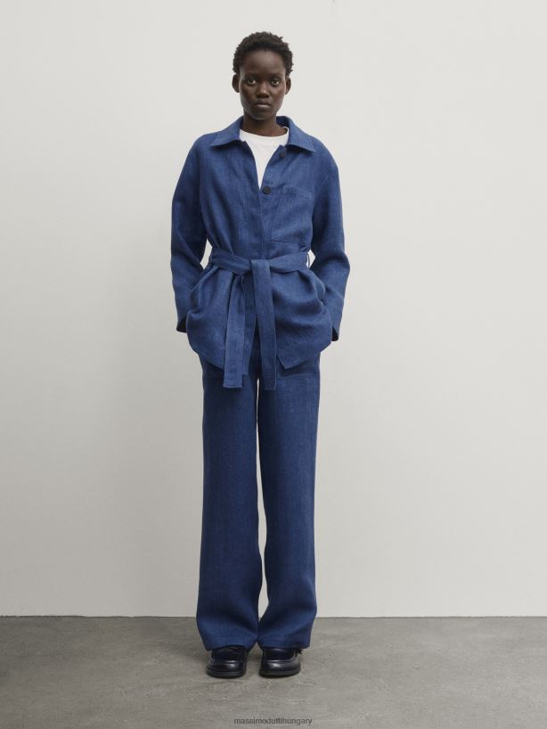 farmer hatású lenvászon nadrág sötétkék nők NXX8V8326 Massimo Dutti