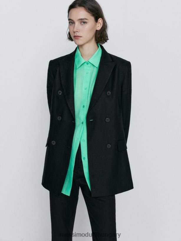 lenkeverék sztreccs nadrág fekete nők NXX8V8339 Massimo Dutti