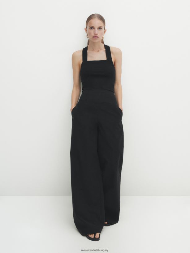 pamut keverék széles szárú technikai nadrág fekete nők NXX8V8343 Massimo Dutti