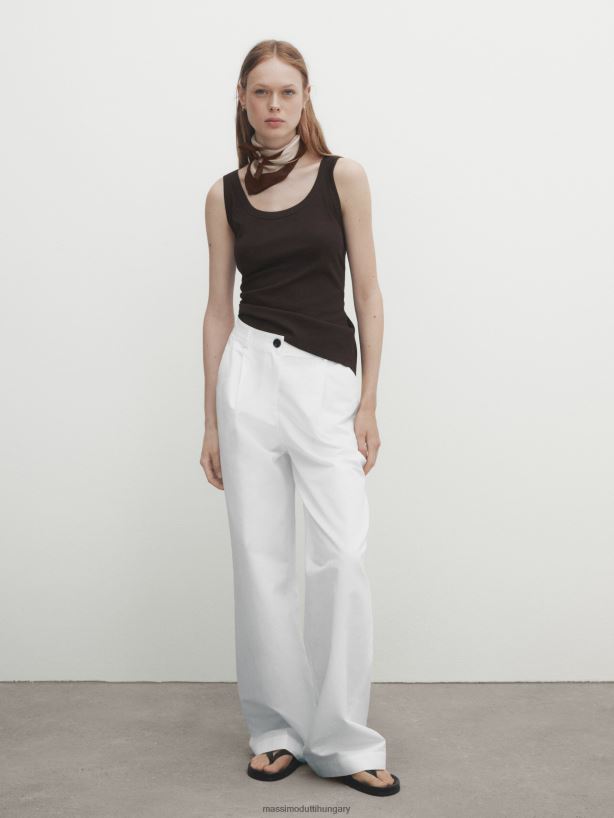 pamut és len keverék, egyenes szabású nadrág fehér nők NXX8V8319 Massimo Dutti