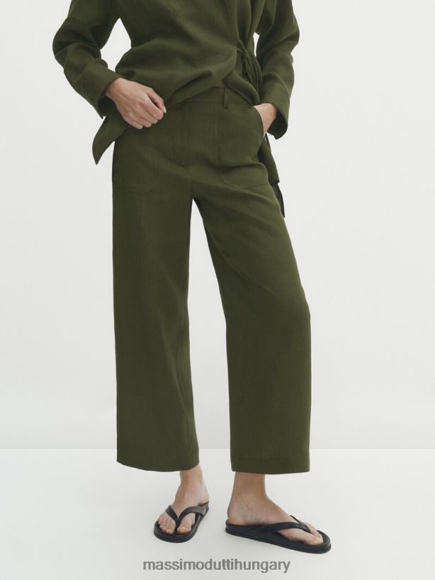 rövidített 100% vászon nadrág zsebekkel zöld nők NXX8V8308 Massimo Dutti