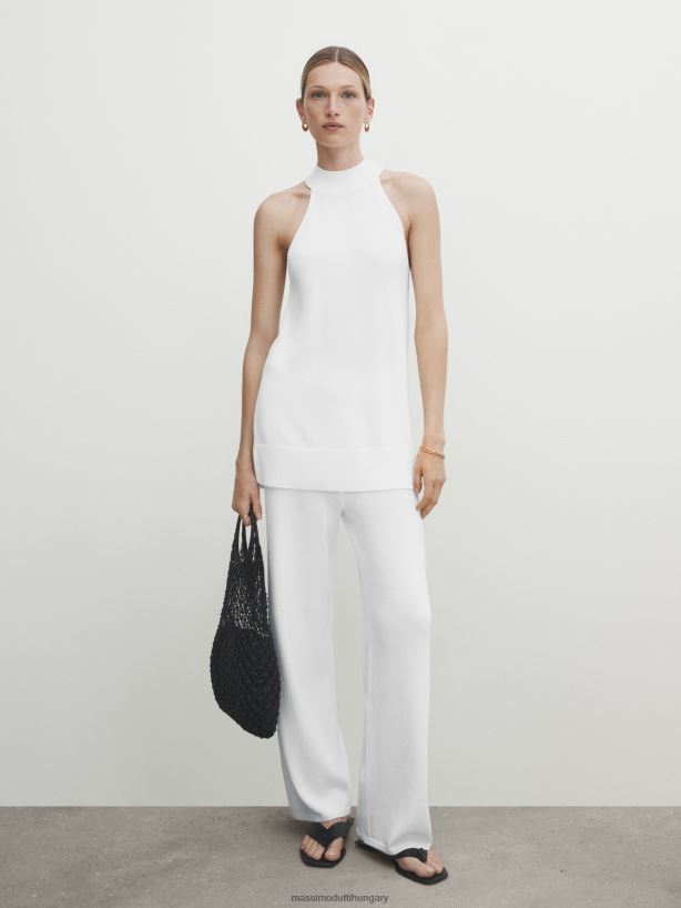 összehangolt kötött nadrág bordás szegéllyel fehér nők NXX8V8208 Massimo Dutti