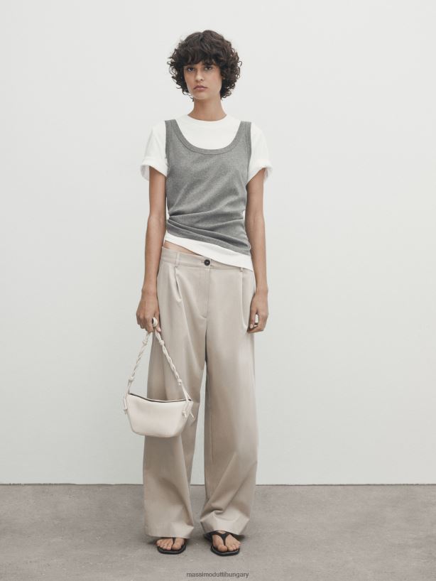 széles szárú pamutkeverék, szatén darált nadrág bézs nők NXX8V8317 Massimo Dutti