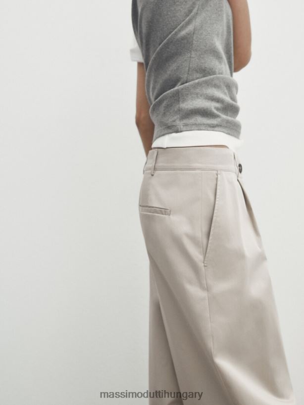 széles szárú pamutkeverék, szatén darált nadrág bézs nők NXX8V8317 Massimo Dutti