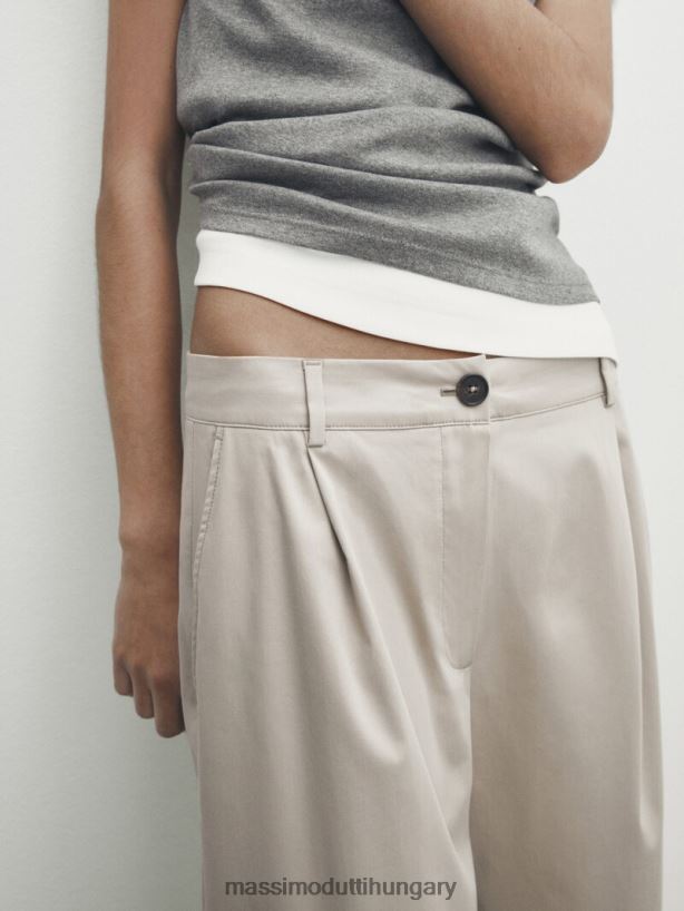 széles szárú pamutkeverék, szatén darált nadrág bézs nők NXX8V8317 Massimo Dutti