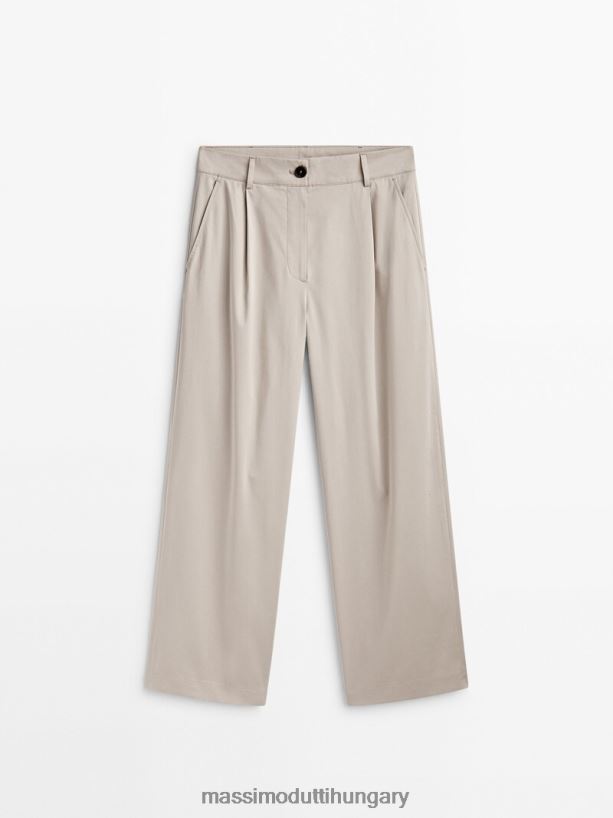 széles szárú pamutkeverék, szatén darált nadrág bézs nők NXX8V8317 Massimo Dutti