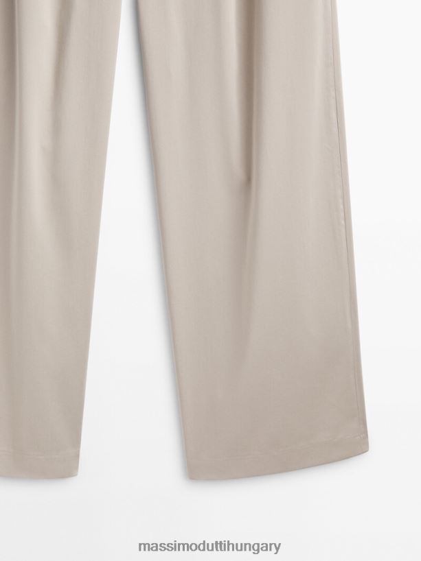 széles szárú pamutkeverék, szatén darált nadrág bézs nők NXX8V8317 Massimo Dutti