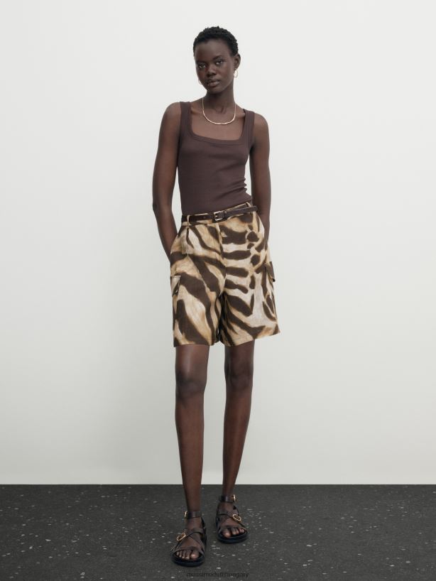 vászon cargo bermuda rövidnadrág állatmintával barna nők NXX8V8311 Massimo Dutti