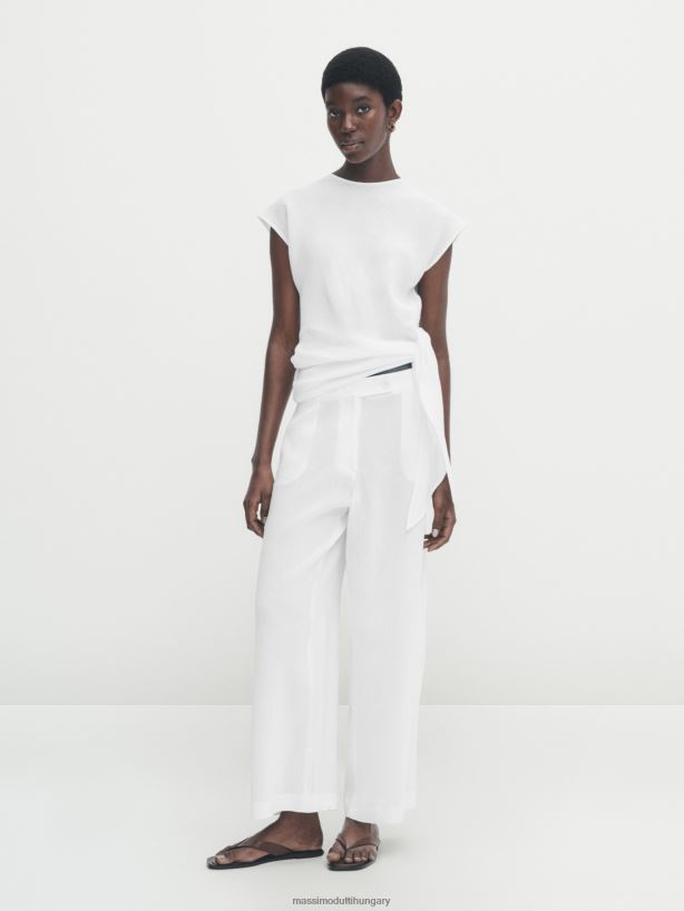 vászon keverék széles szárú nadrág dartssal fehér nők NXX8V8328 Massimo Dutti