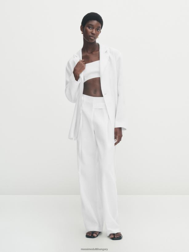 viaszos vászon széles szárú nadrág gombos füllel fehér nők NXX8V8329 Massimo Dutti